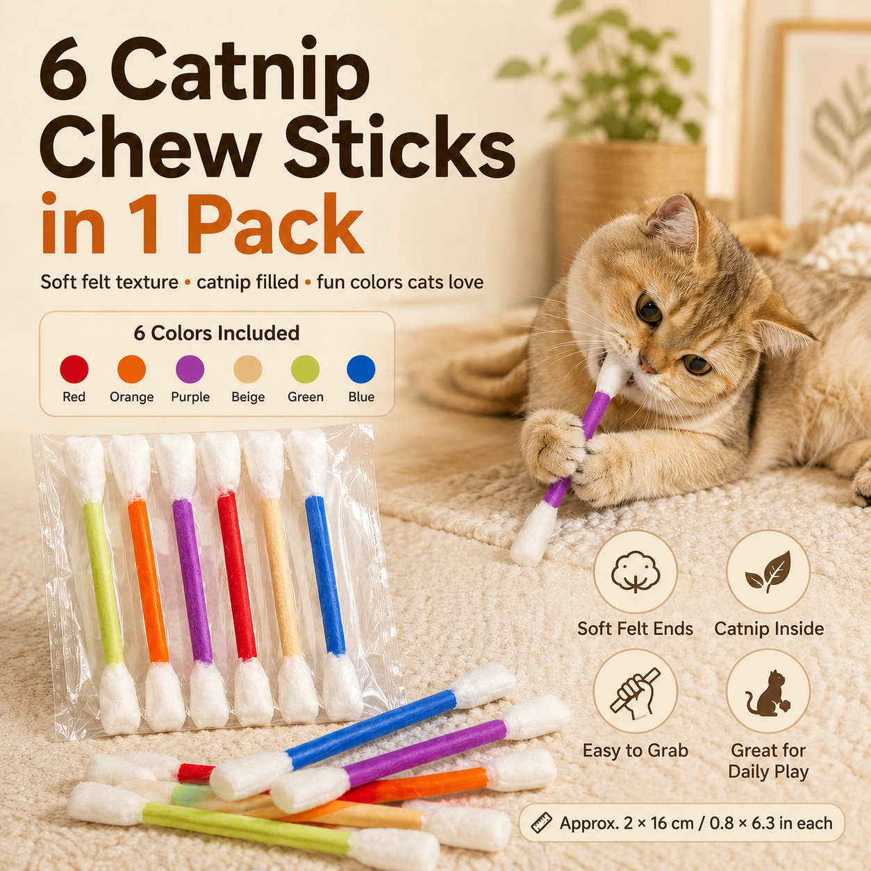 Oversized Catnip Chew Sticks for Cats – Soft Felt Interactive Cat Toys, 6 Pack