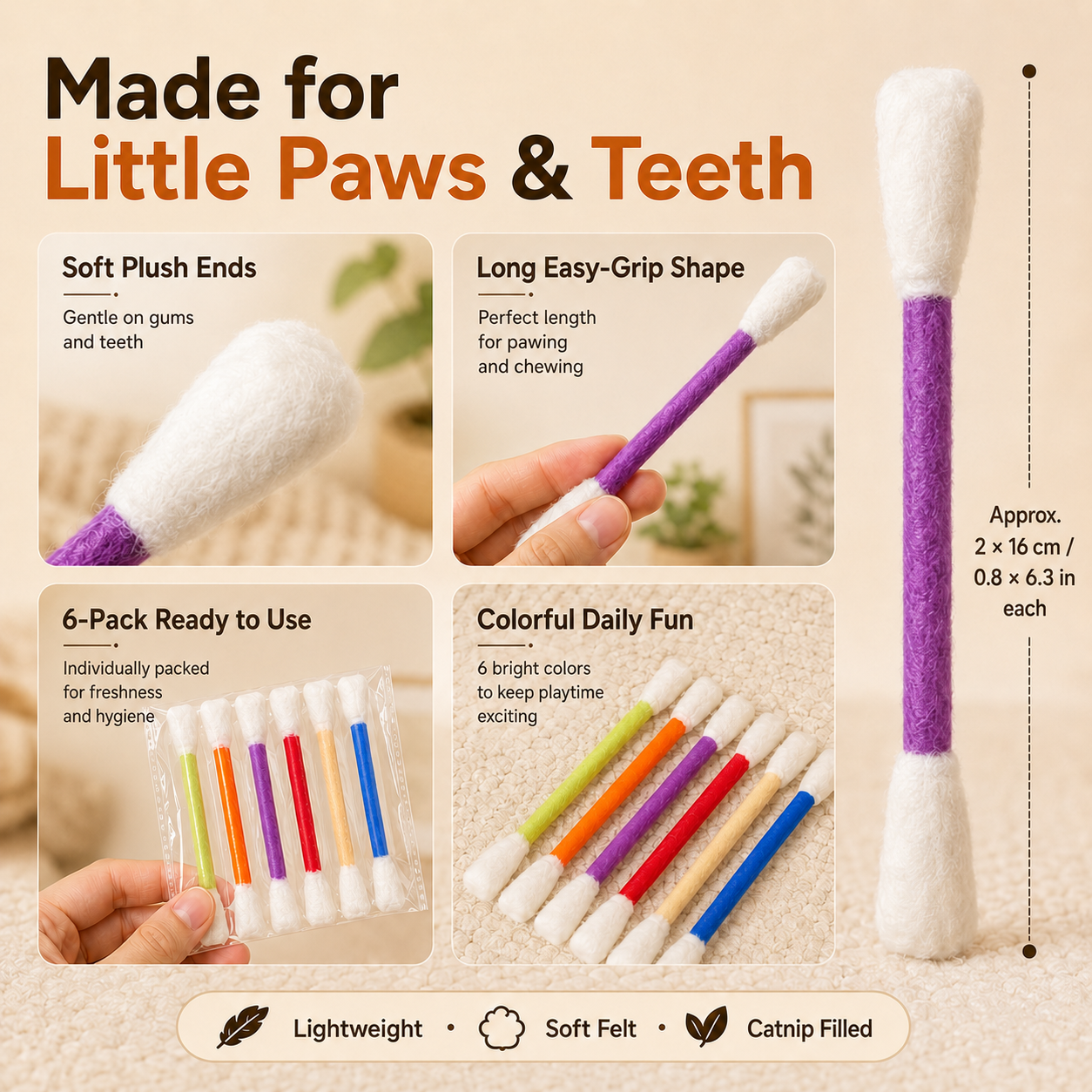 Oversized Catnip Chew Sticks for Cats – Soft Felt Interactive Cat Toys, 6 Pack