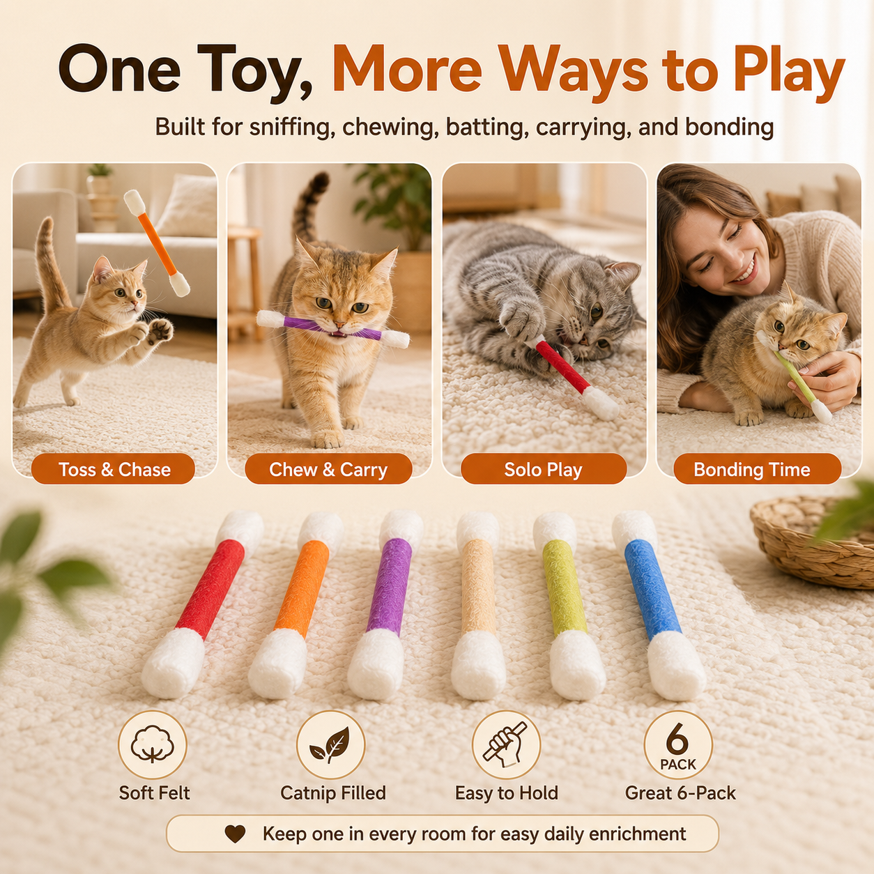 Oversized Catnip Chew Sticks for Cats – Soft Felt Interactive Cat Toys, 6 Pack